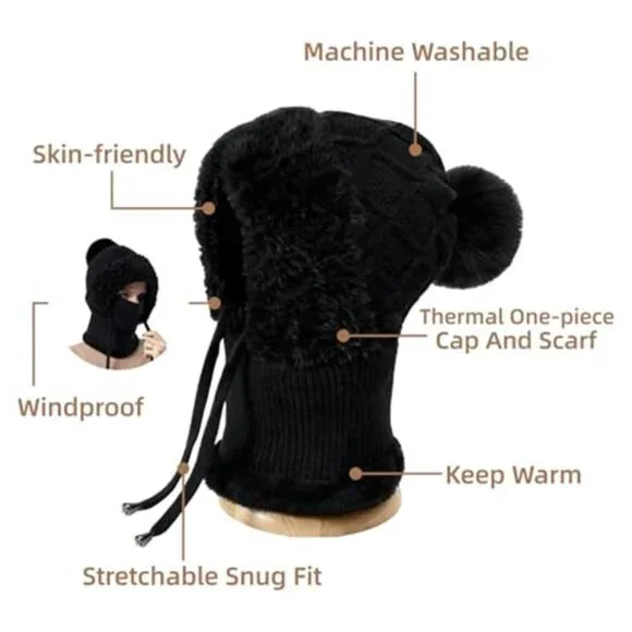 3 in 1 Women's Beanie Hat Knitted Balaclava Hat with Scarf Attached